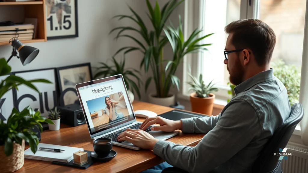 blogangle.org review 2025 on laptop with planner and coffee cup