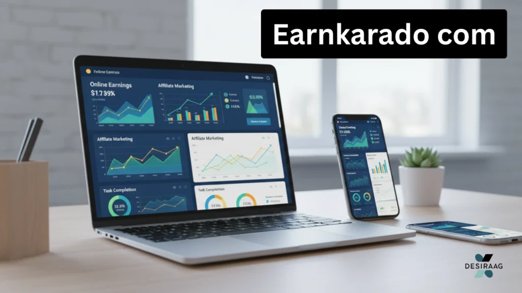 earnkarado com online earning dashboard on laptop and smartphone