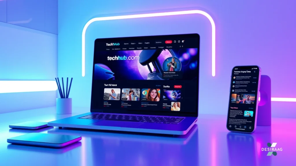 futuristic techtvhub com homepage with holographic tech news
