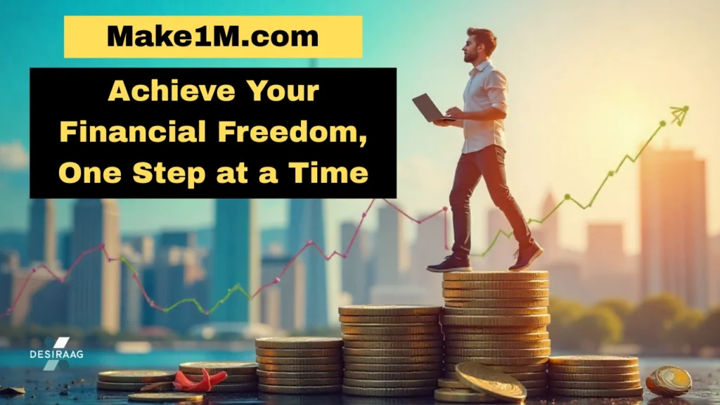 make1m.com financial freedom concept with person standing on coins