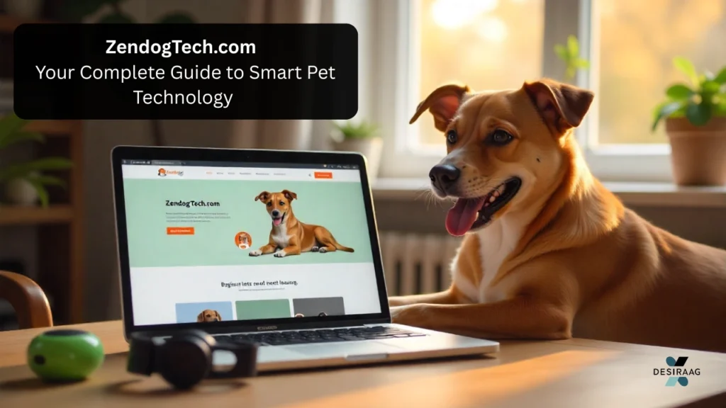 modern workspace showing zendogtech.com website with a happy dog nearby