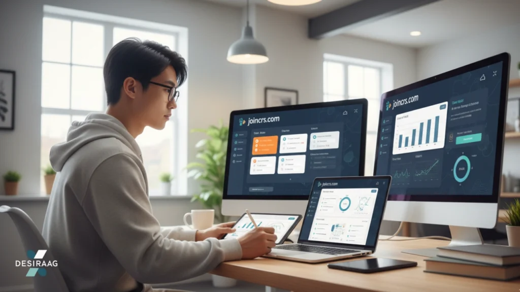 student using joincrs com on tablet and laptop for interactive learning