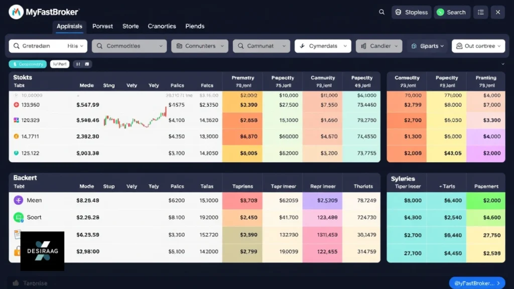table showing stocks, and cryptocurrencies available on myfastbroker.com