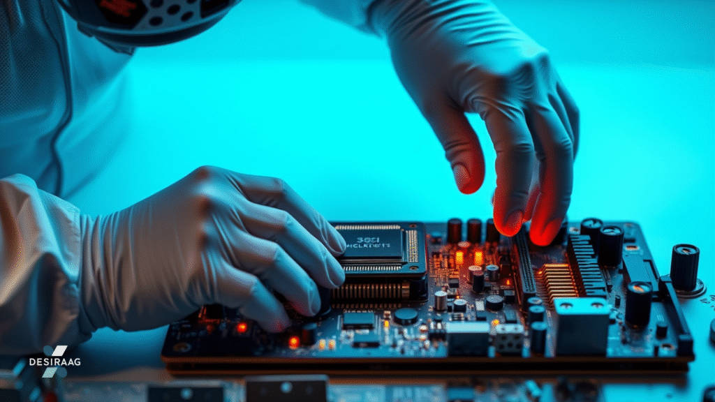 technician installing 35-ds3chipdus3 chip on a motherboard with anti-static gloves
