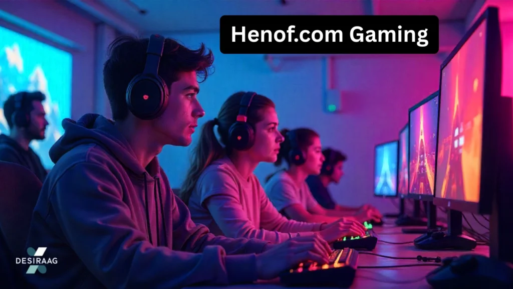 henof.com gaming platform showcasing gamers playing on pc