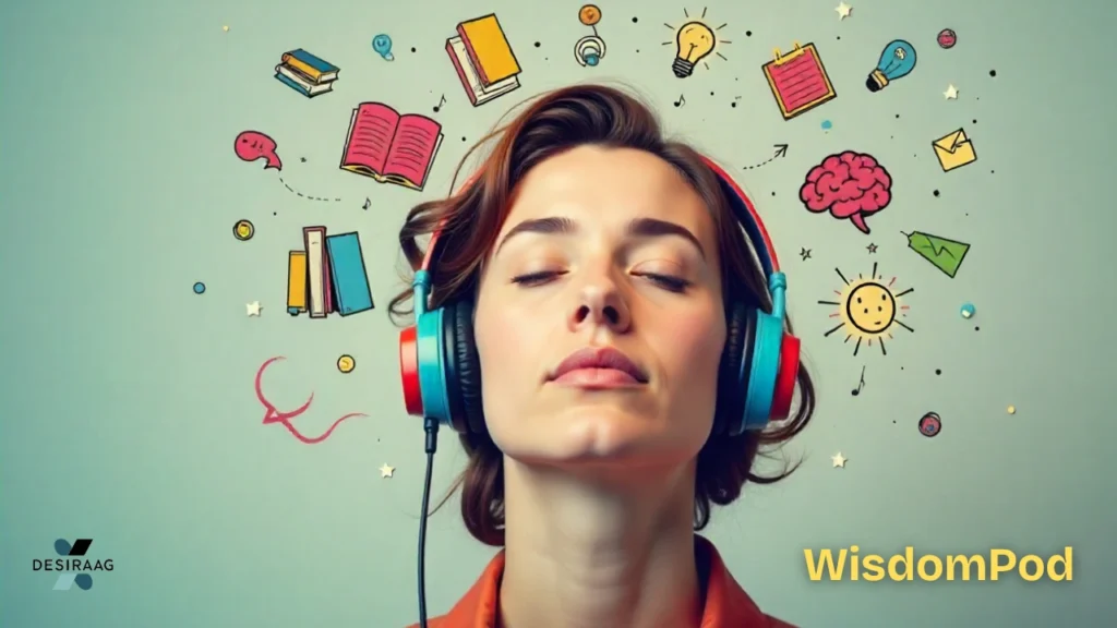 person learning with wisdompod headphones and audio icons