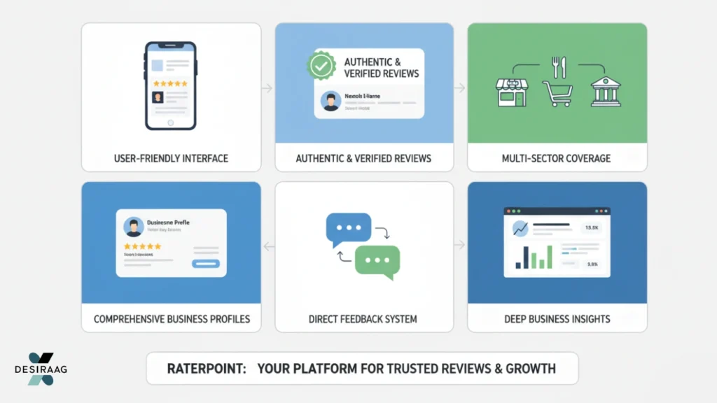 raterpoint key features infographic with reviews profiles and analytics
