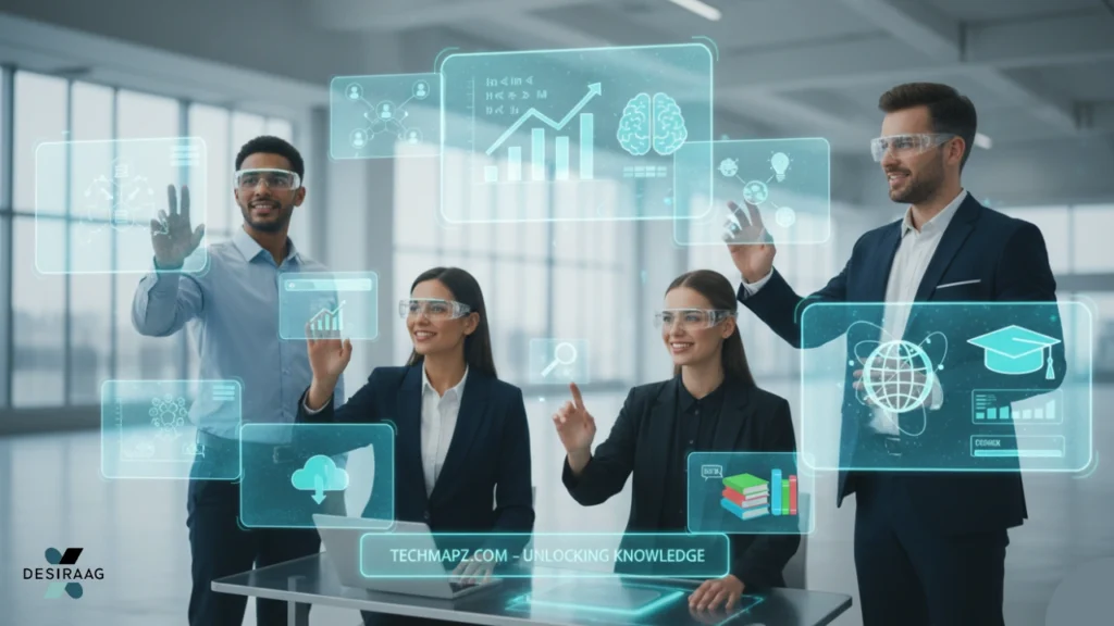 vision of techmapz com showing people interacting with digital technology icons