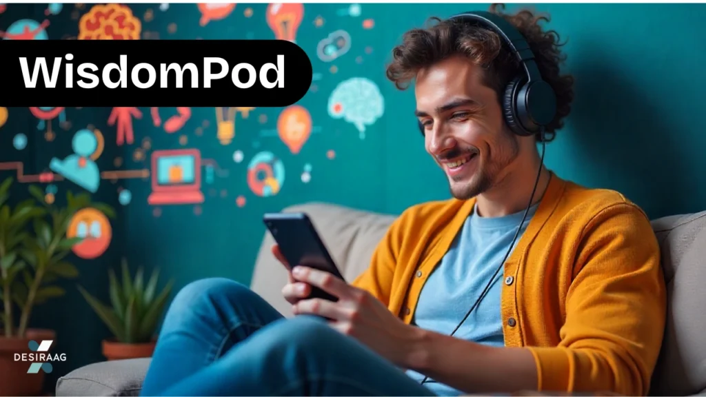 wisdompod user listening to educational audio on headphones